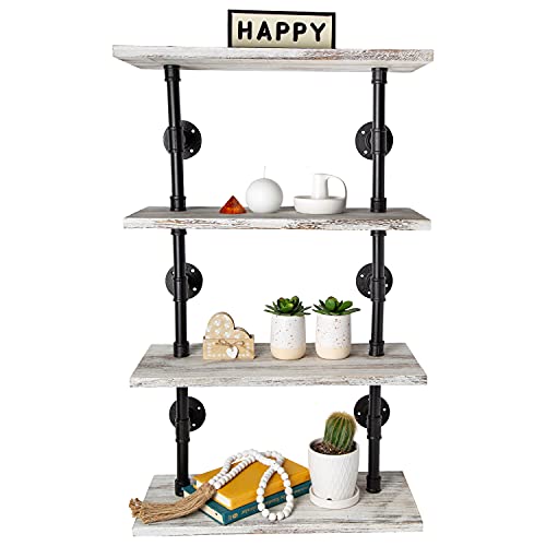 Photo 1 of 4-Tier Industrial Shelves – Wall-Mount, Farmhouse Shelves W/ Distressed Wood and Black Matte Pipe Brackets, Dimensions: 23.25 x 9.875 x 39.5 inches