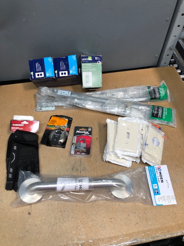 Photo 1 of ***NON-REFUNDABLE***
HOUSEHOLD GOODS 
2 Everbilt 22-5/8 in. Monorail Drawer Track Repair Kits, Huskey heavy duty gloves, 12'' grab bar,
10 Leviton 1-Gang Midway Toggle Nylon Wall Plates, 10 pack wall plates, 20 pack outlet wall plate, 2 master locks