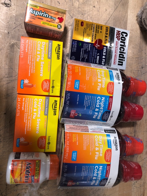 Photo 1 of *NOT REFUNDABLE** BUNDLE OF ASSORTED MISC Medicine Items EXP DATES VARY FROM: 06/2022 TO 08/2023
Coricidin HBP, Maximum Strength Cold & Flu Day+Night Liquid Gels, Daytime PE LIQGL 24'S, Aspirin 81 mg, Motrin IB, Daytime and Night time Cold & Flu

