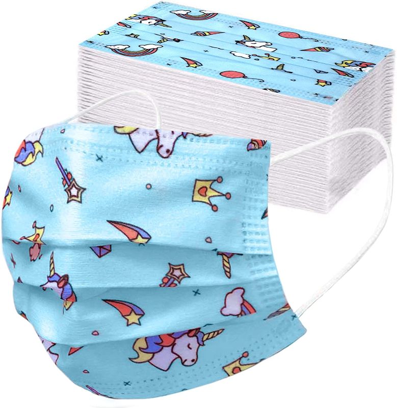 Photo 1 of SET OF 2 Unisex Children Dust Protection, Breathable, Disposable Safety Face Masks, Kid Boys & Girls (50 PC - Blue Unicorn)
