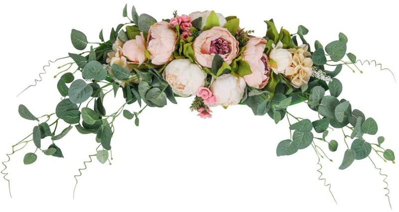 Photo 1 of HiiARug Artificial Peony Flower Swag, 26 Inch Decorative Swag with Fake Peonies Hydrangeas Eucalyptus Leaves for Home Room Garden Lintel Wedding Arch Party Decor (ORANGE 26")
