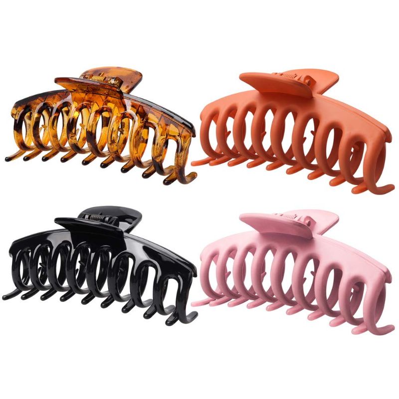 Photo 1 of SET OF 5, 4 pcs Crystal Plastic Hair Claw Clips, Nonslip Large Girls Hair Claw Clips Jaw for Women and Girls Thin Hair, Strong Hold for Thick Hair(4.3 Inch Bright black, yellow, pink, orange) TOTAL 20 CLIPS
