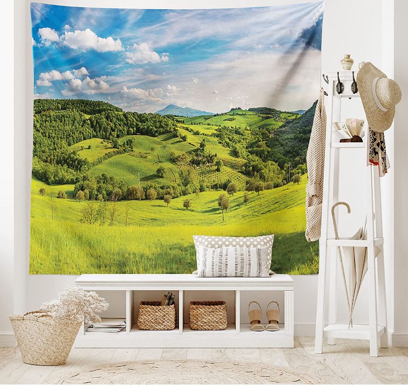 Photo 1 of Ambesonne Tuscany Tapestry, Tuscany Italy Sunlight Homestead Plantation Farms Pathway Greenery Print, Wall Hanging for Bedroom Living Room Dorm Decor, 40" X 60", Sky Green
