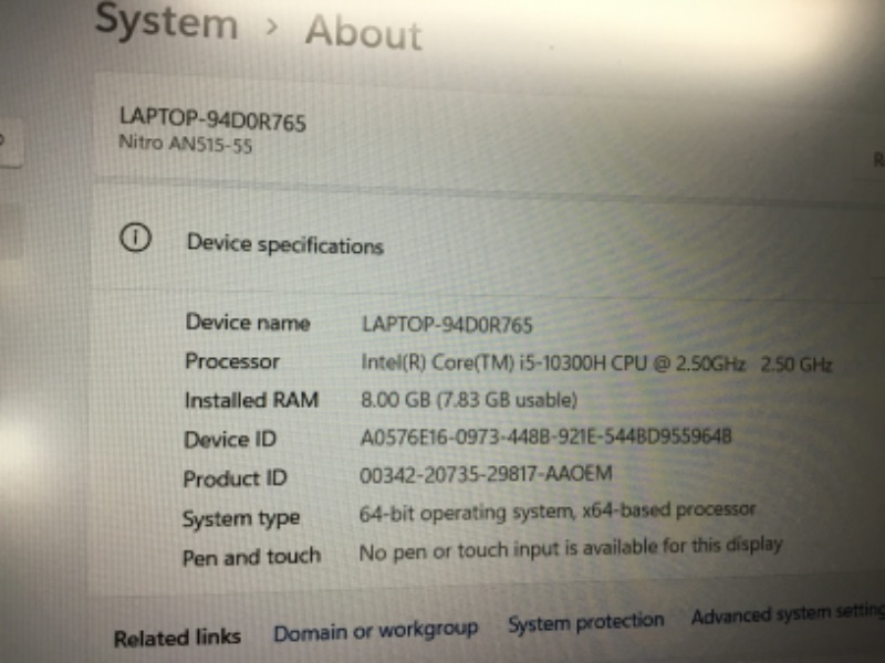 Photo 6 of Acer Nitro 5 AN515-55-53E5 Gaming Laptop | Intel Core i5-10300H | NVIDIA GeForce RTX 3050 Laptop GPU | 15.6" FHD 144Hz IPS Display | 8GB DDR4 | 256GB NVMe SSD | Intel Wi-Fi 6 | Backlit Keyboard
