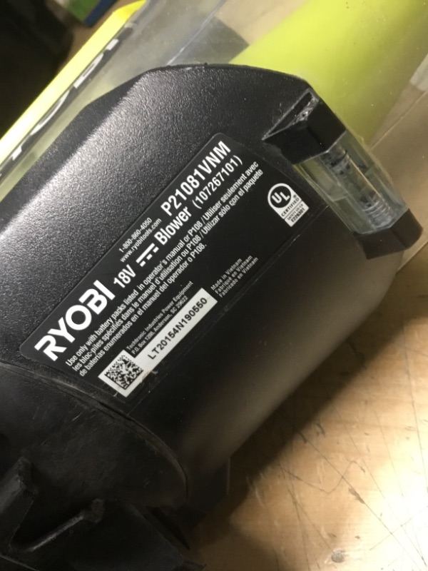 Photo 3 of *MISSING PARTS* RYOBI
ONE+ 18V 100 MPH 280 CFM Cordless Battery Variable-Speed Jet Fan Leaf Blower with 4.0 Ah Battery and Charger