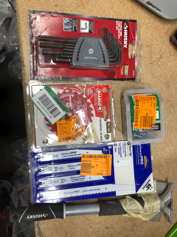 Photo 1 of **NO REFUNS/RETURNS** - Bundle of Miscellaneous home depot goods: husky key set, diablo blade, hardware, tools