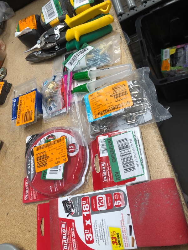 Photo 1 of **NO REFUNDS/RETURNS** - Bundle of Miscellaneous Home Depot Goods: tools, hardware, supplies (sanding discs)