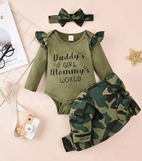 Photo 1 of **SET OF 3**
"Daddy's Girl Mommy's World" Camouflage Printed Baby Girl Set (6-12 Months)
