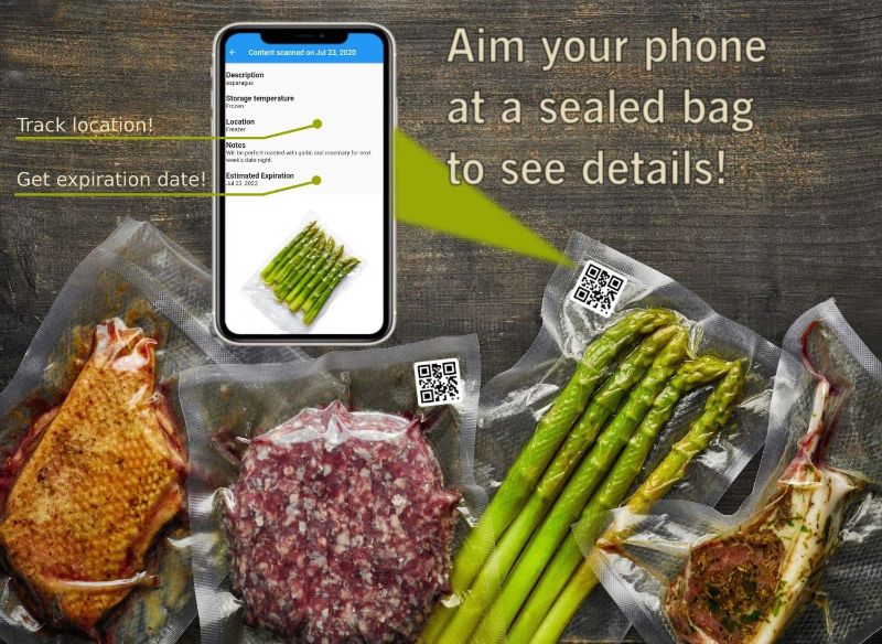 Photo 1 of 100 vacuum sealer bags, 8"x12", BPA free, food grade, smart, free tracking app, works with FoodSaver
