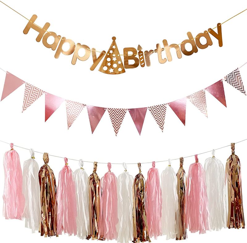 Photo 1 of **SET OF 4**
Sets of 3 Rose Gold Birthday Party Decorations - Glittery Rose Gold Happy Birthday Banner, Rose Gold Pennant Banner and Tissue Paper Tassels Garland for Birthday Decorations
