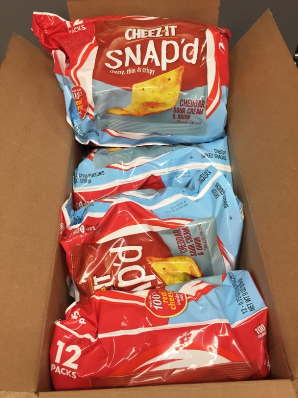 Photo 2 of ***non-refundable**
best by 4/19/22Cheez-It Snap'd Cheese Cracker Chips, Thin Crisps, Lunch Snacks, Cheddar Sour Cream Onion,(4) 9oz bag (12 Packs)
