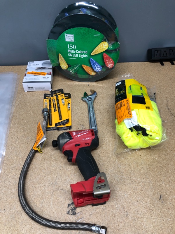 Photo 1 of ***NON-REFUNDABLE***
HOUSE HOLD GOODS
3 DEWALT 11/32'' DRILL BITS, X-MAS LIGHTS, WRENCH, HI-VISIBILITY SHORT SLEEVE SHIRT SIZE L,MILWAWKEE 1/4 HEX HYDRAULIC DRIVER