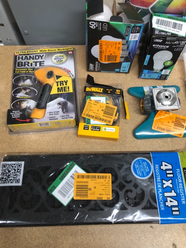 Photo 2 of **NON-REFUNDABLE**
HOUSE HOLD GOODS
LIGHTBULBS, ST. PATRICK DAY DECOR, DEWALT CHARING CABLE, FLASH LIGHT,4''X14'' BLACK GRATE, HUSKY SINK CLEANER