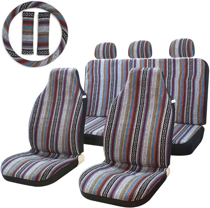 Photo 1 of 10pc Stripe Multi-Color Seat Cover Baja Saddle Blanket Weave Universal Bucket Seat Cover Fit for Cars & Vans with Steering Wheel Cover
