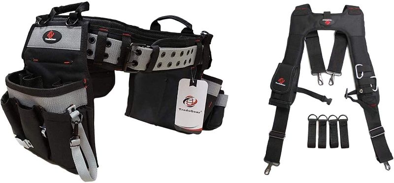 Photo 1 of TradeGear Electrician's Belt & Bag Combo - Heavy Duty Electricians Tool Belt Designed for Maximum Comfort & Durability - Ideal for All Electricians Tools (Size XL-3XL Bundled W/ 4 Point Suspenders)
