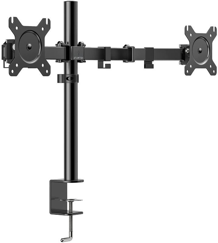 Photo 1 of ATUMTEK Monitor Mount - Dual Monitor Arm for 13"-27" Inch or 17.6 Lbs Each Arm, Swivel VESA 75x75mm or 100x100mm, Heavy Duty Fully Adjustable Dual Monitor Stand Mount for Computer Screens
