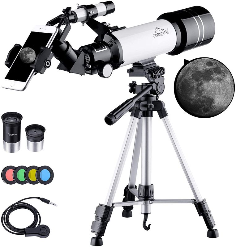 Photo 1 of MAXLAPTER Telescope for Kids and Beginners, 70mm Refractor Telescope for Astronomy with Adjustable Tripod, Smartphone Adapter, Camera Shutter Wire Control, Backpack
