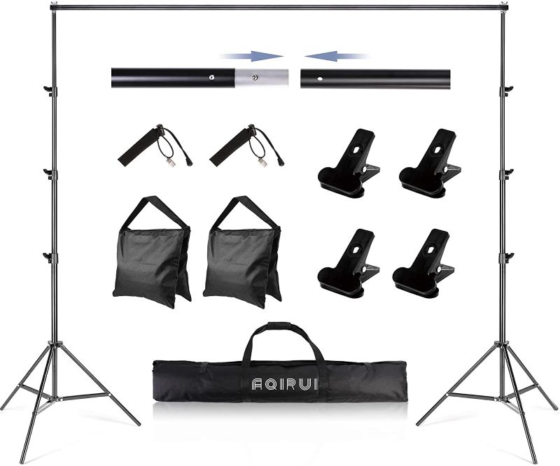 Photo 1 of Aqirui Backdrop Stand 8.5x10ft Adjustable Background Support System Kit Photo with 4 x Spring Clamps for Parties Photography Photo Video
