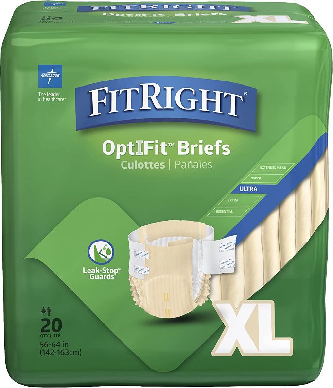 Photo 1 of FitRight Ultra Adult Diapers, Disposable Incontinence Briefs with Tabs, Heavy Absorbency, X-Large, 56"-64", 4 packs of 20 (80 total)
