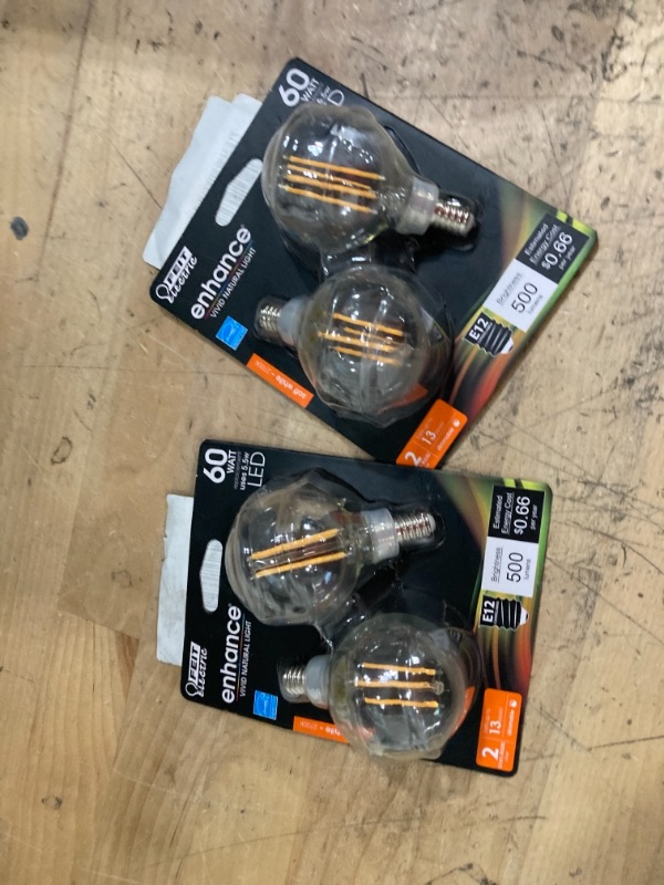 Photo 2 of Feit Electric
60-Watt Equivalent G16.5 Candelabra Dimmable Filament ENERGY STAR Clear Glass LED Light Bulb, Soft White (2-Pack)