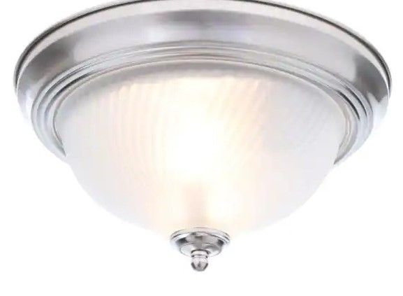 Photo 1 of Hampton Bay
11 in. 2-Light Brushed Nickel Flush Mount with Frosted Swirl Glass Shade