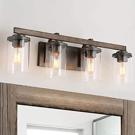 Photo 1 of Bathroom Vanity Light Fixture, 4-Light Farmhouse Bathroom Light Fixture with Clear Glass Shades, Faux Wood Finish, 28 Inches
