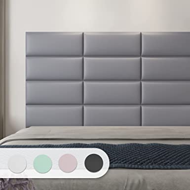 Photo 1 of Art3d Peel and Stick Headboard for King, Full and Queen in Grey, Pack of 12 Panels Sized 9.84" x 23.62", Soundproof Wall Panels 3D, Upholstered Wall Panel
