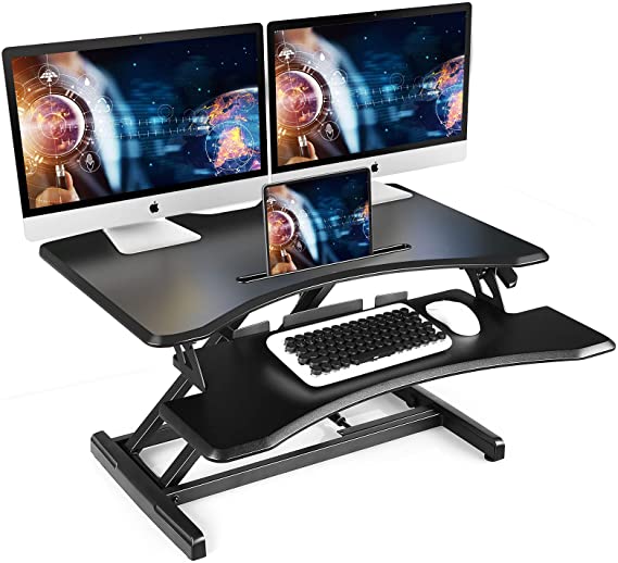 Photo 1 of Standing Desk Converter 30 inch, Height Adjustable Sit Stand Desk Riser, Stand Up Desk for Home Office, Sit to Stand Tabletop with Keyboard Tray for Dual Monitors
