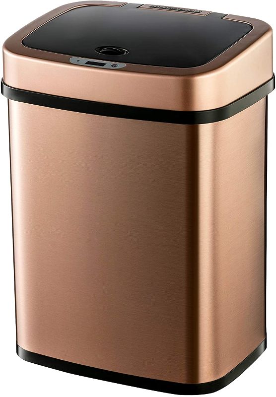 Photo 1 of **MINOR DENT** Ninestars Bedroom or Bathroom Automatic Touchless Infrared Motion Sensor Trash Can, 3 Gal 12L, Stainless Steel Base (Rectangular, Rose Gold/Black Lid)

