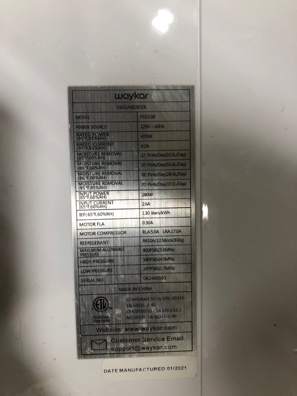 Photo 3 of ***PARTS ONLY** Waykar 4500 Sq. Ft Dehumidifier for Home Basements Bedroom Garage, Removes 9 Gallons Moisture/Day, with Continuous Drain Hose, 1.18 Gallons Water Tank and Four Air Outlets
TURNS ON BUT DOES NOT WORK.*** MINOR DAMAGE***
