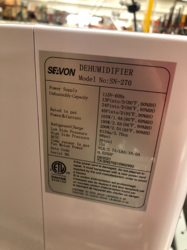 Photo 3 of **DAMAGED & INCOMPLETE**
SEAVON 30 Pint 2,000 Sq. Ft Dehumidifiers for Home and Basements, Whole House Dehumidifier with Auto Shut-off, with Drain Hose for Auto Drainage and Water Tank for Manual Drainage, Intelligent Humidity Control, Ideal for Large Roo