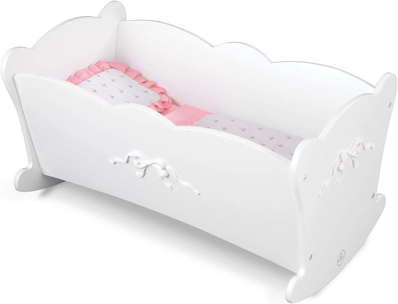 Photo 1 of KidKraft Tiffany Bow Scalloped-Edge Wooden Lil Doll Rocking Cradle with Comforter, Pad and Pillow - White, Gift for Ages 3+
