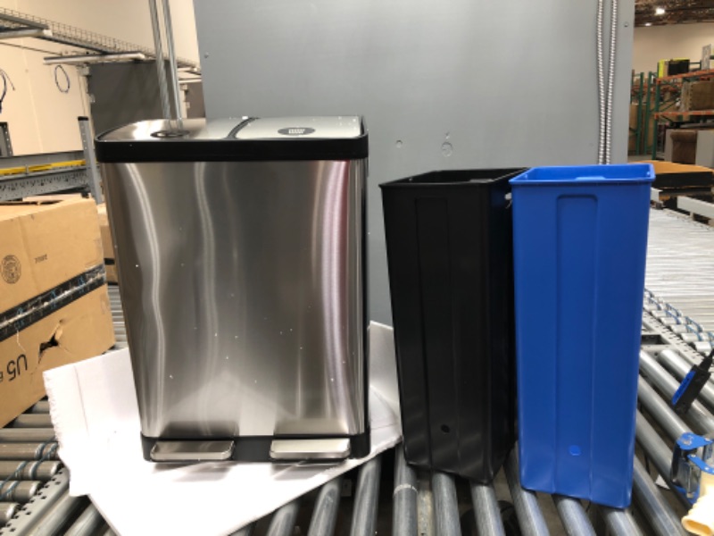 Photo 2 of **DAMAGED**
iTouchless SoftStep 16 Gallon Step Trash Can & Recycle Bin with Activated Carbon Filter Deodorizers, Stainless Steel, 2 x 8 Gallon (30L) Removable Color-Coded Buckets, Soft Close and Airtight Seal
