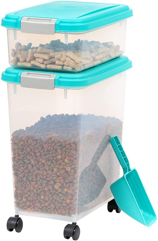 Photo 1 of **DAMAGED**
IRIS USA 3-Piece Airtight Pet Food Storage Container Combo with Scoop and Treat Box for Pet, Dog, Cat, and Bird Food, Sea Foam Blue

