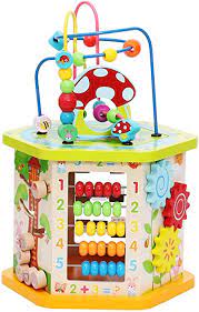 Photo 1 of LAVIEVERT 9-in-1 Wooden Play Cube Activity Center Multifunctional Bead Maze Shape Sorter Educational Toys Game for Toddlers & Kids
