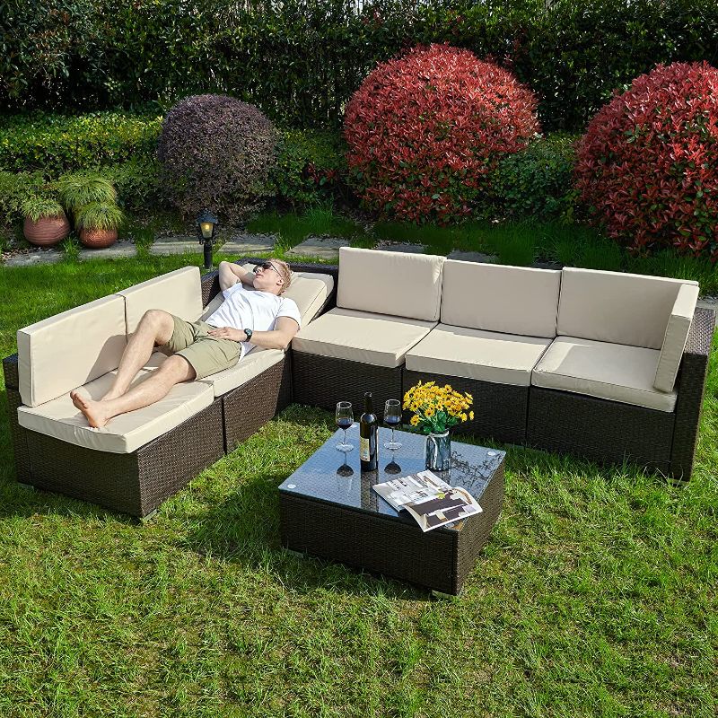 Photo 1 of ***INCOMPLETE BOX 1 OF 4 ONLY***YITAHOME 7 Pieces Patio Furniture Set, Outdoor Sectional Sofa with Adjustable Bracket, PE Rattan Wicker Conversation Set with Table and Cushions for Porch Lawn Garden, Brown
