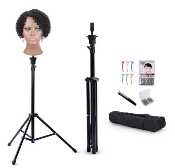 Photo 1 of Klvied Reinforced Wig Stand Tripod Head Stand, Adjustable Wig Head Stand Holder for Cosmetology Hairdressing Training with T-with Wig Caps, T-Pins, Comb, Hair Clip, Carrying Bag