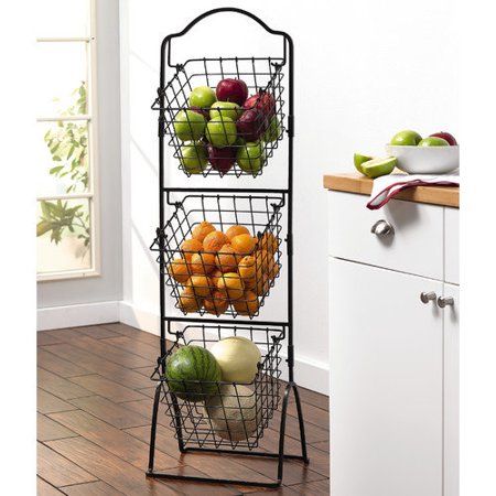 Photo 1 of 3 Tiered Standing Storage Rack with Market Baskets, Each basket measures 11-inch high x 11-inch long x 8-3/4 deep