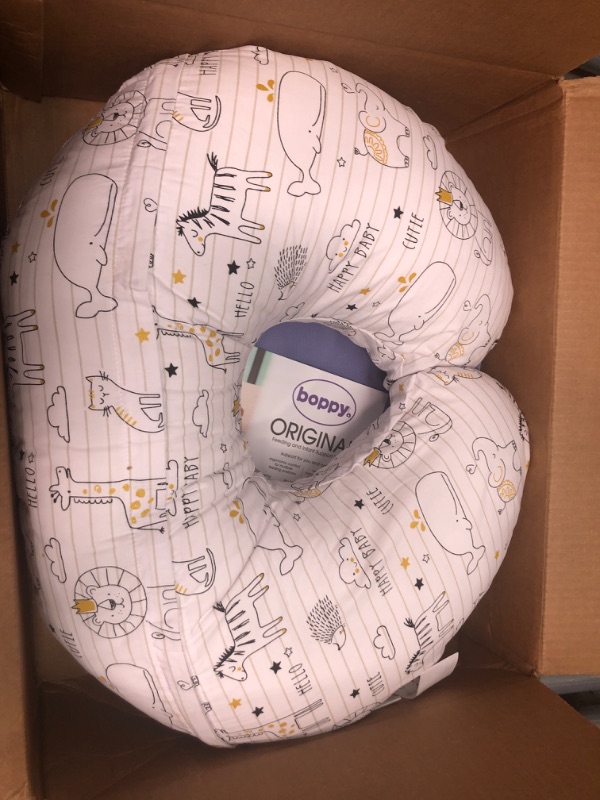 Photo 2 of Boppy Nursing Pillow and Positioner—Original | Notebook Black and White with Gold Animals| Breastfeeding, Bottle Feeding, Dimensions LxWxH: 19.9 x 16.75 x 6.5 inches