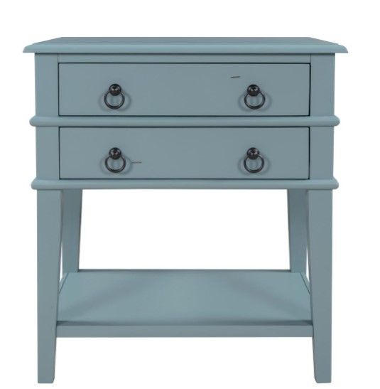 Photo 1 of 25 in. Blue Rectangle Wood Sofa Side End Table with 2 Spacious Drawers, Console Table for Hallway/Living Room
