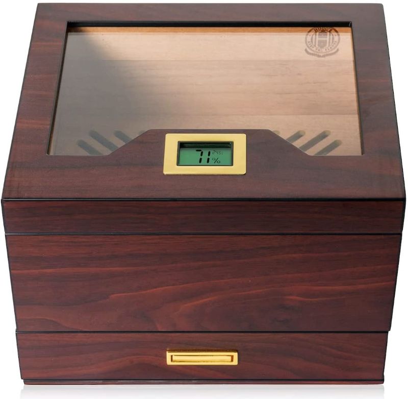 Photo 1 of Hugo's Cigar Humidor Box - Cigar Case 35 to 60 Cigars - Antique Box with Digital Hygrometer, Humidifier, Humidity Pack Holder and Magnetic Lock 
