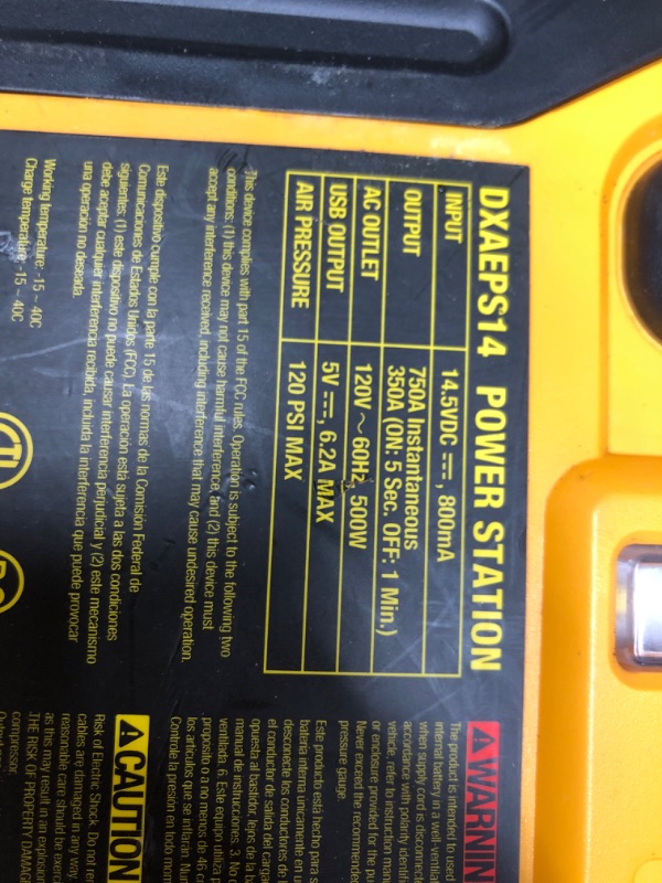 Photo 4 of ***PARTS ONLY*** DEWALT DXAEPS14 1600 Peak Battery Amp 12V Automotive Jump Starter/Power Station with 500 Watt AC Power Inverter, 120 PSI Digital Compressor, and USB Power
