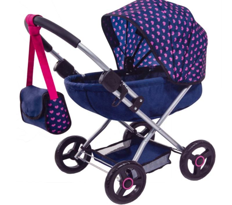 Photo 1 of Bayer Cosy Doll Pram - Dark Blue with Pink Hearts and Unicorn
