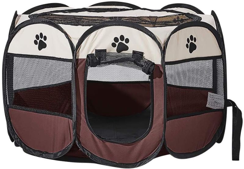 Photo 1 of  Soft Fabric Portable Foldable Pet Dog Cat Puppy Playpen, Indoor / Outdoor use Pet Kennel Cage D40 x H23 Inch (Beige)