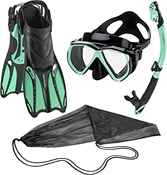 Photo 1 of  Aquatics Rapido Boutique Collection Otimo Duo Tempered Glass Scuba Snorkeling Mask Dry Snorkel Set (Mint Black)