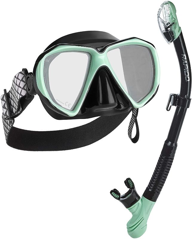 Photo 3 of  Aquatics Rapido Boutique Collection Otimo Duo Tempered Glass Scuba Snorkeling Mask Dry Snorkel Set (Mint Black)