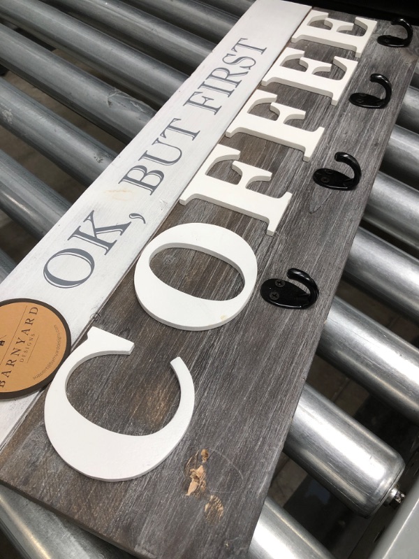 Photo 2 of Barnyard Designs ‘Ok, But First Coffee’ Hanging Mug Holder, Wall Mounted Coffee Cup Organizer Rack, Rustic Farmhouse Wood Wall Decor Sign, for Kitchen, Coffee Bar or Cafe, Gray and White, 24” x 8.5”