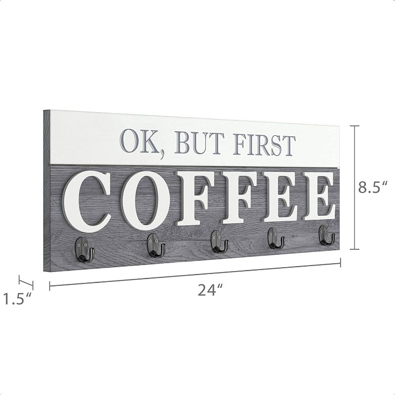 Photo 1 of Barnyard Designs ‘Ok, But First Coffee’ Hanging Mug Holder, Wall Mounted Coffee Cup Organizer Rack, Rustic Farmhouse Wood Wall Decor Sign, for Kitchen, Coffee Bar or Cafe, Gray and White, 24” x 8.5”