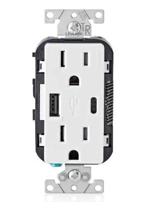 Photo 1 of 15 Amp Decora Tamper-Resistant Duplex Outlet with Type A and C USB Charger, White (2-Pack)