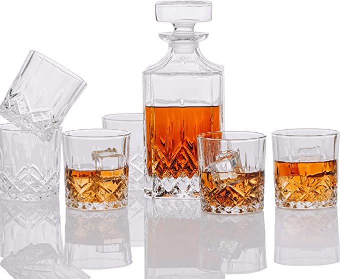 Photo 1 of Whiskey Decanter Set with 6 Glasses, 7PC Clear Crystal 750ml Liquor Decanter Old Fashioned Glasses for Alcohol Bourbon Scotch Vodka Wine,Unique Gift for Men